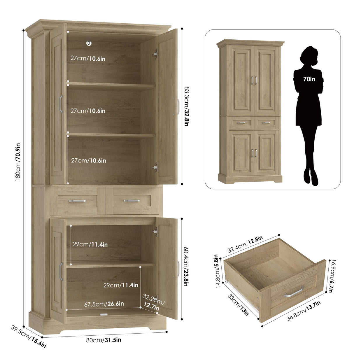 FACBOTALL Kitchen Pantry Storage Cabinet, 71" Tall Storage Cabinet with 4 Doors and 2 Drawers, Utility Kitchen Pantry with Adjustable Shelves for Dining Room Living Room,Light Oak FACBOTALL