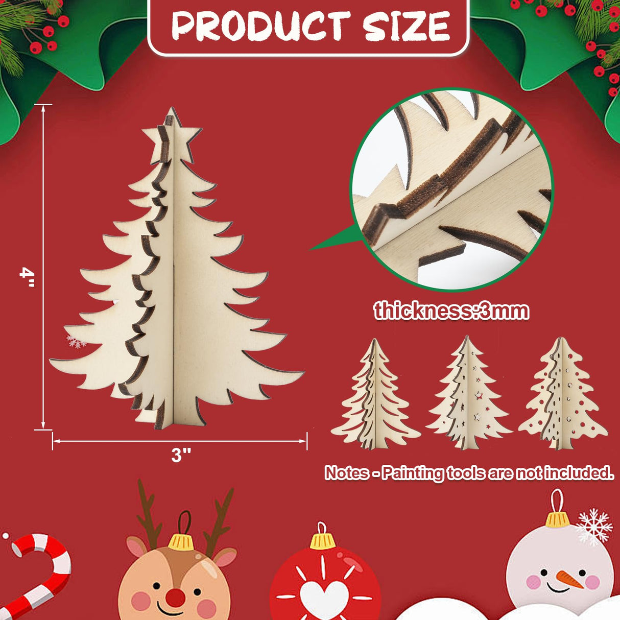 COCHIE DIY 3D Christmas Tree Wood Crafts to Paint for Kids Adults, Paintable Unfinished Wooden Slices for Craft, Xmas Trees Cutouts Ornaments for Painting Decorations (24 PCS) COCHIE