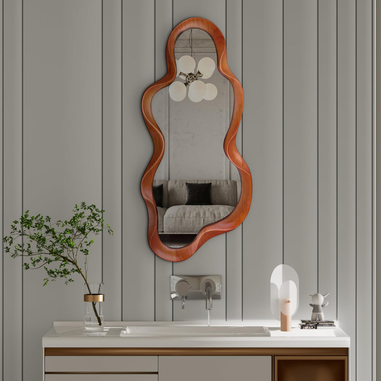 osemy 48"x 22" Irregular Wall Mirror, Walnut Wood Framed Wall Mirror, Asymmetrical Wall Wavy Mirror for Living Room Bedroom Entryway Bathroom Modern Decorative Mirror with Hanging Hooks osemy