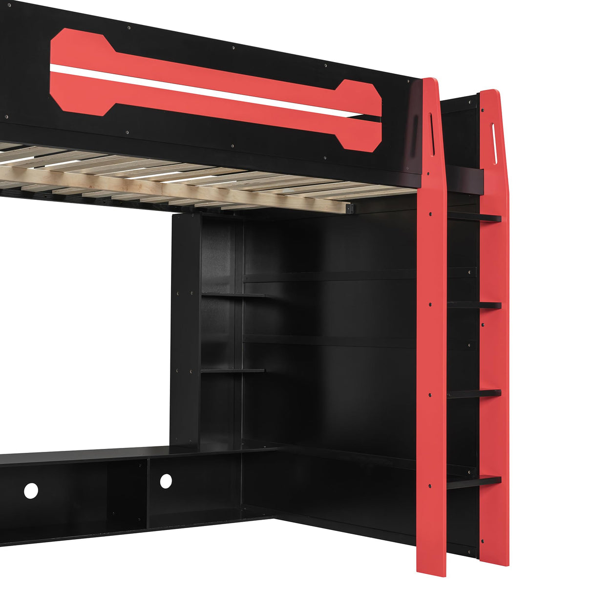 MaiDeHaoo Full Size Wood Gaming Loft Bed with Desk and Multi-Storage Shelves High Loft Bed Frame with LED Lights and Bookshelf for Teens Adults - Red+Black MaiDeHaoo