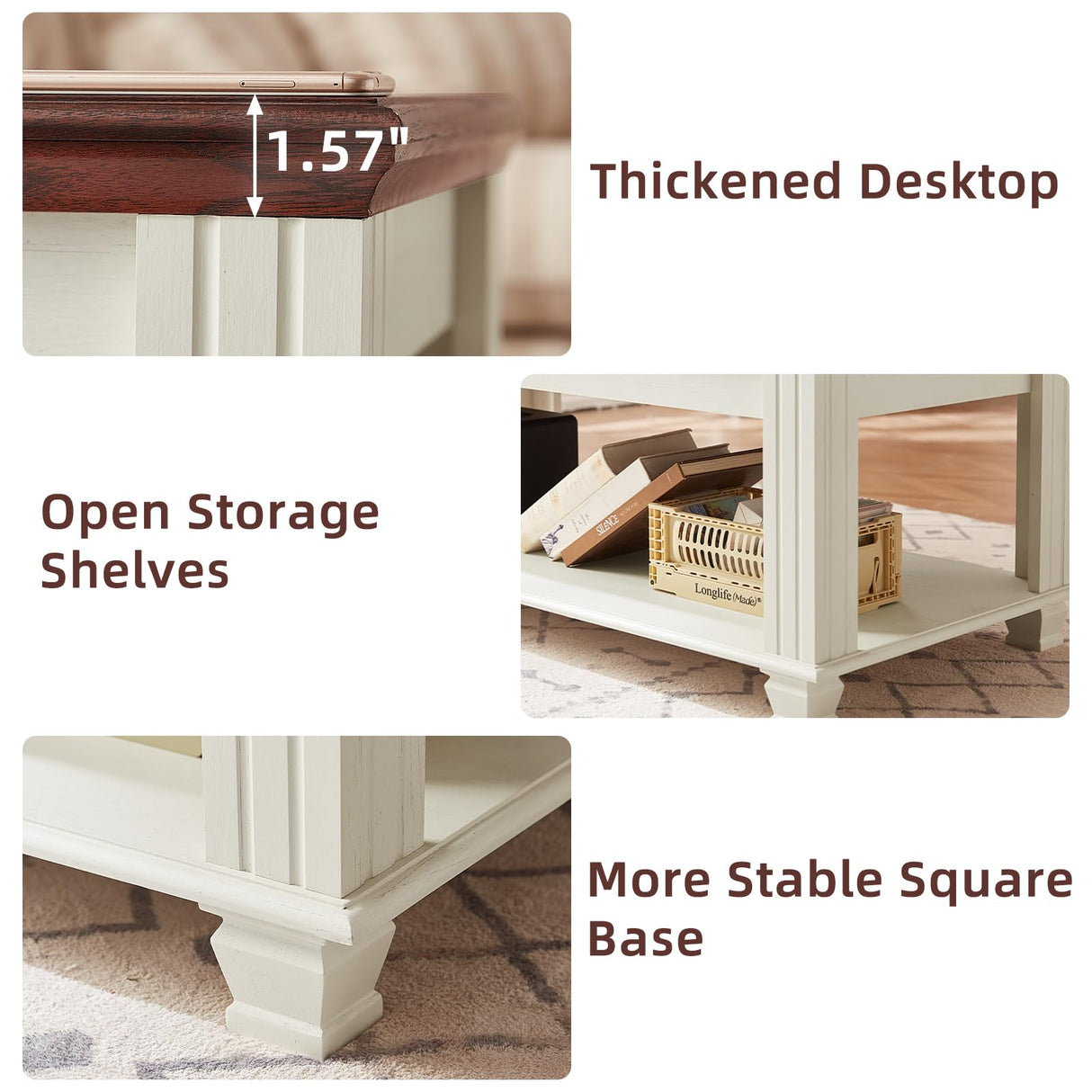 SAVOR LIFE Farmhouse Coffee Tables for Living Room,Square Tea Table with Open Storage Shelf,Large Coffee Table,Rustic Wooden Center Table,White SAVOR LIFE