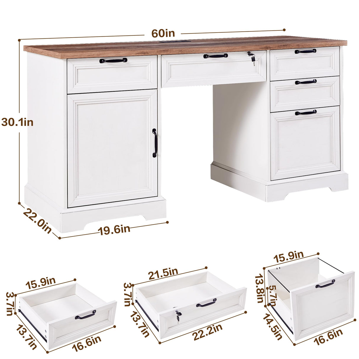 boknight 60" Farmhouse Executive Desk with Lock,Home Office Desk with Charging Station,Executive Desk with 4 Drawers & 1 Cabinet&1 File Cabinet for Office and Home boknight