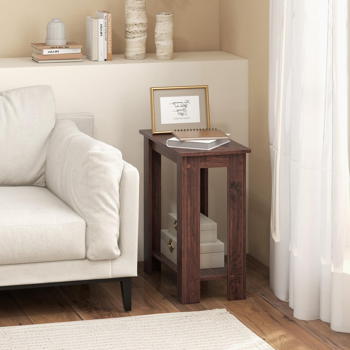 Giantex Narrow End Table, 2-Tier Side Table with Open Storage Shelf, Retro Wood Sofa Table Bedside Tables for Small Spaces, Slim Nightstand for Living Room, Bedroom, Easy Assembly, Walnut Giantex