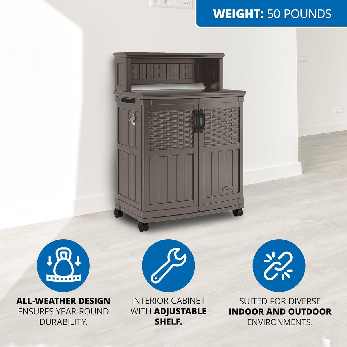 Suncast Patio Plastic Storage and Prep Station with Decorative Wicker Pattern and Multi Wall Panels for Patio, Garden, and Lawn Use, Stoney Gray Suncast