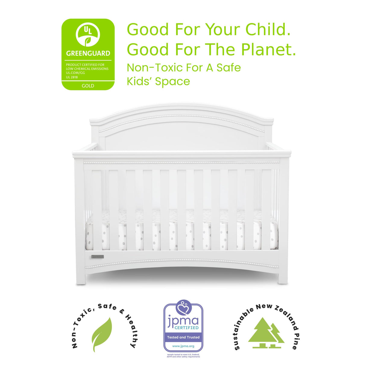 Delta Children Simmons Kids SlumberTime Emma 4-in-1 Convertible Baby Crib N More - Greenguard Gold Certified, Bianca White Delta Children