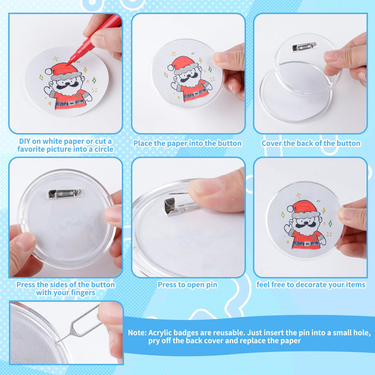 MK.Bear 25 Pack Acrylic Button Pins Badge, 70mm/2.76 Inch Clear Pins Buttons Kit with Blank Round Paper, DIY Badges Acrylic Pin Buttons for Christmas Craft Supplies MK.Bear