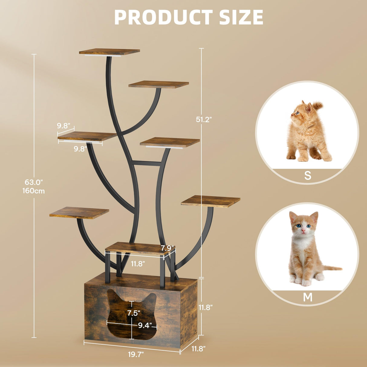 DWVO Tall Bookshelf with LED Light, Artistically Designed Tree Bookshelf with Cats Litter Box, 8-Tier Unique Bookshelves Corner Display Shelf for Home Office, Bedroom DWVO