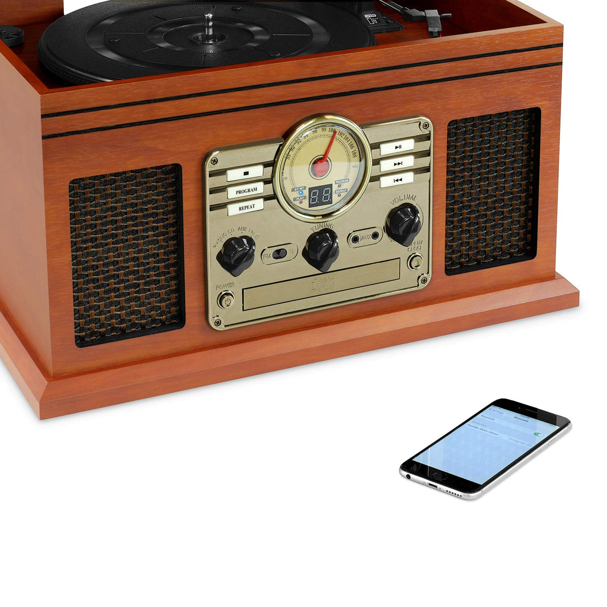 Victrola Nostalgic 7-in-1 Bluetooth Record Player & Multimedia Center with Built-in Speakers - 3-Speed Turntable, CD & Cassette Player, AM/FM Radio | Wireless Music Streaming | Mahogany Victrola