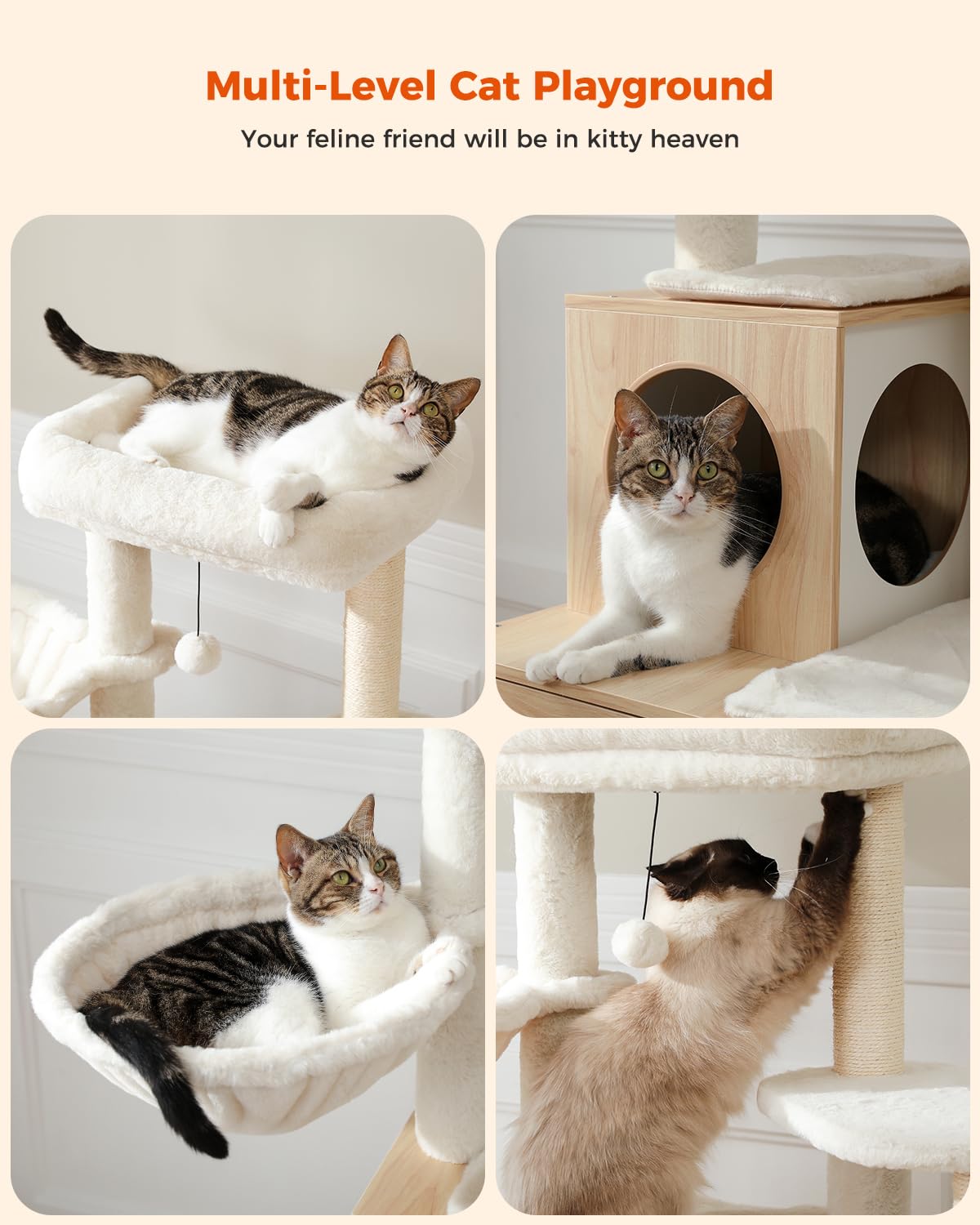 MUTTROS Cat Tree with Litter Box Enclosure, 50" Modern Cat Tree for Large/Fat Cats with Cat Condo, Wooden Cat Furniture with Large Hammock and Top Perch, Beige MUTTROS