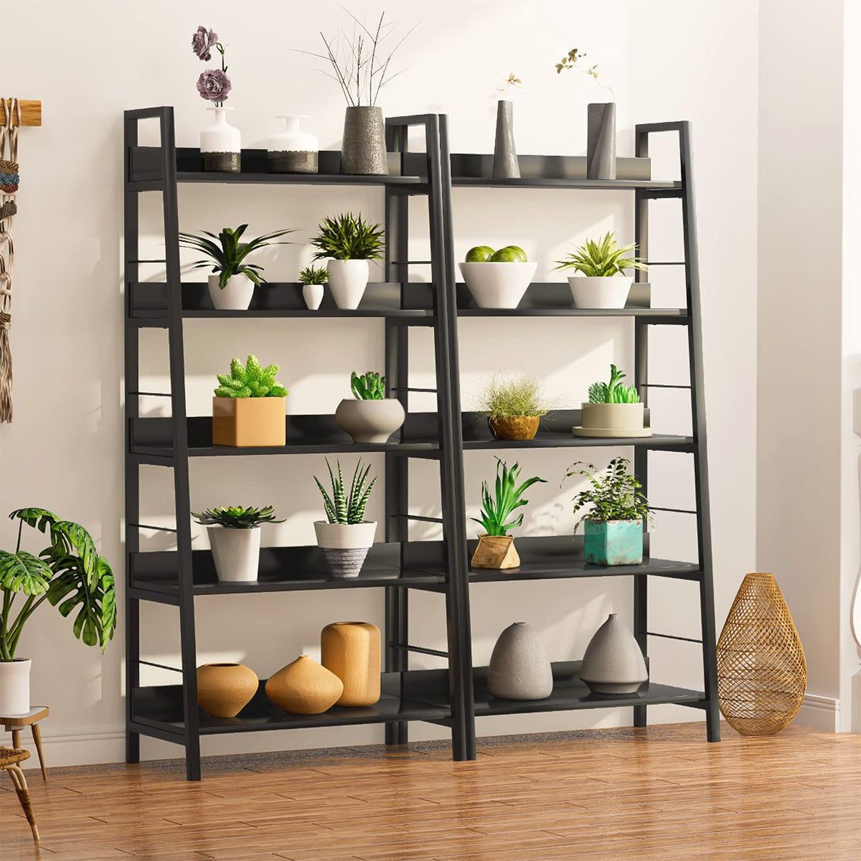Himimi Black Ladder Bookshelf, 5 Shelf Bookcase Industrial Bookshelf Wood and Metal Bookshelves, Plant Flower Stand Rack Book Storage Shelves for Living Room, Bedroom, Home Office Himimi