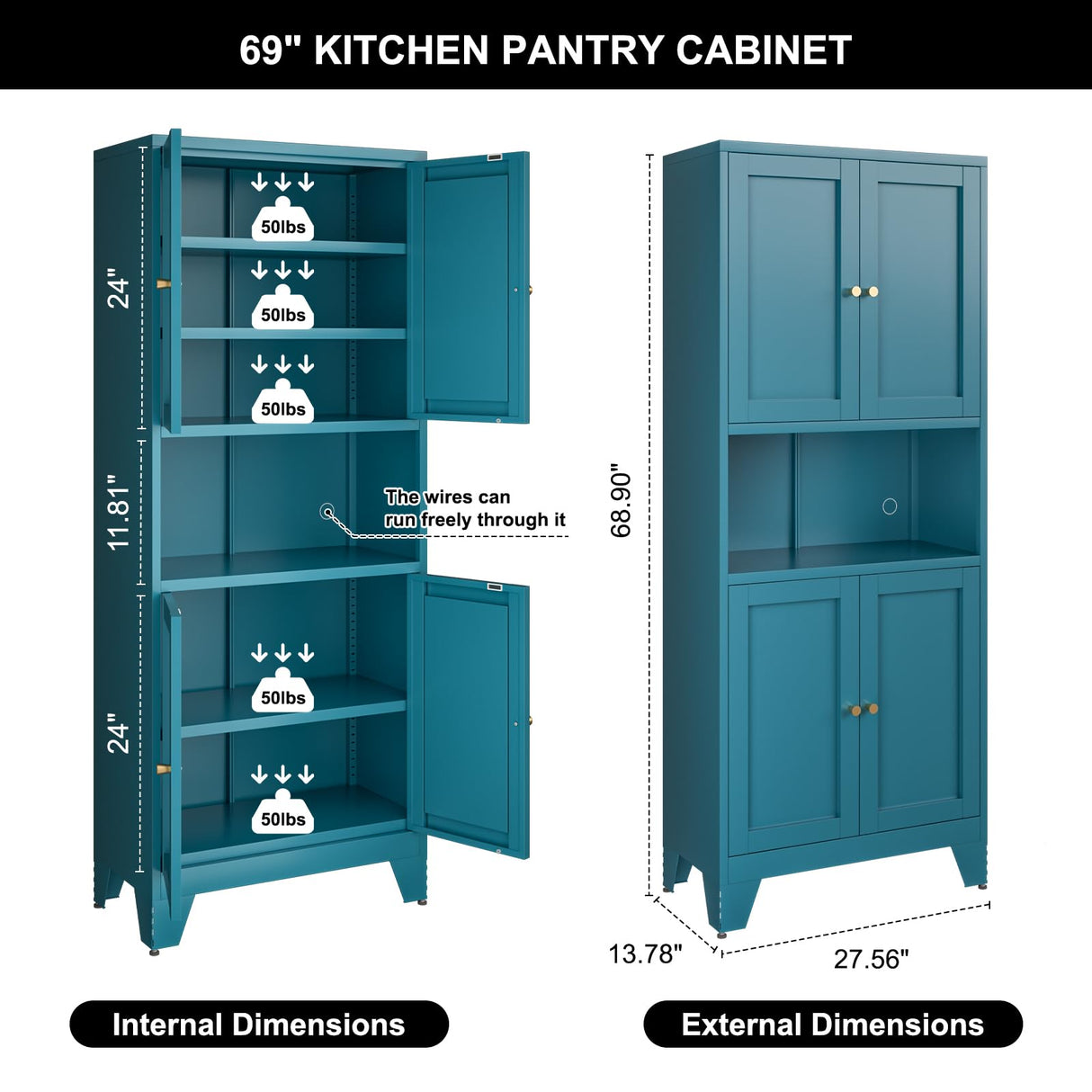Bevivog 69" Pantry Cabinet,Tall Metal Storage Cabinet with Doors and Adjustable Shelves,High Freestanding Cupboard Locker for Kitchen,Dining Room,Living Room,Office,Blue Bevivog
