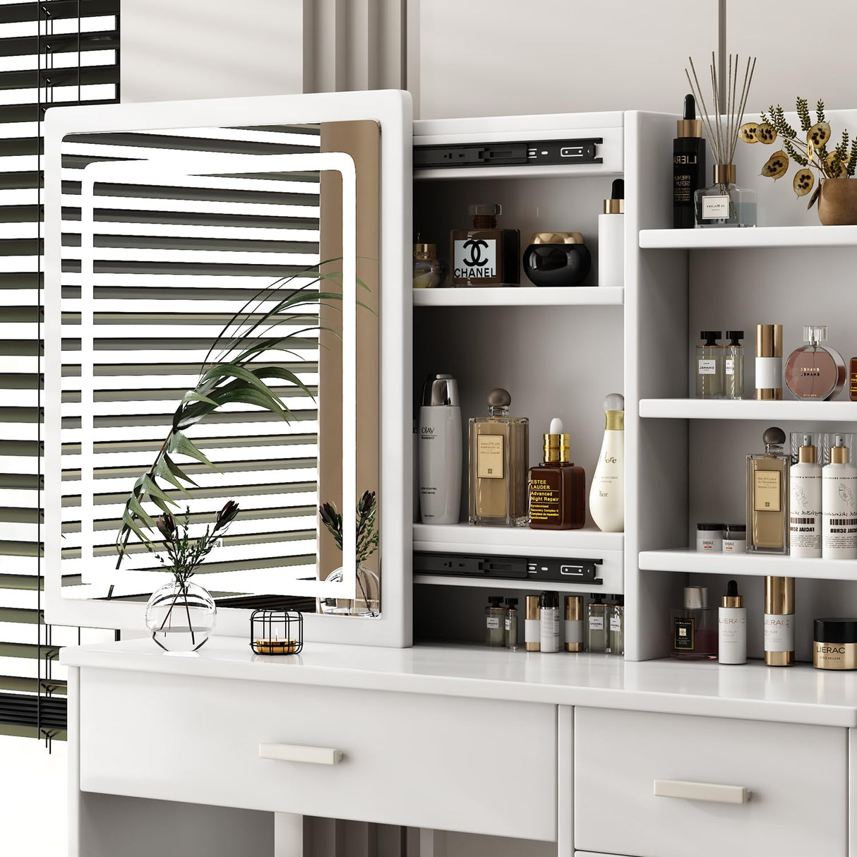 Leavader White Vanity Desk Set - 43.3" Large Vanity Table with Sliding Lighted Mirror in 3 Colors & 5 Drawers & Retractable Rack, Dressing Table Makeup Desk with Stool Set Leavader