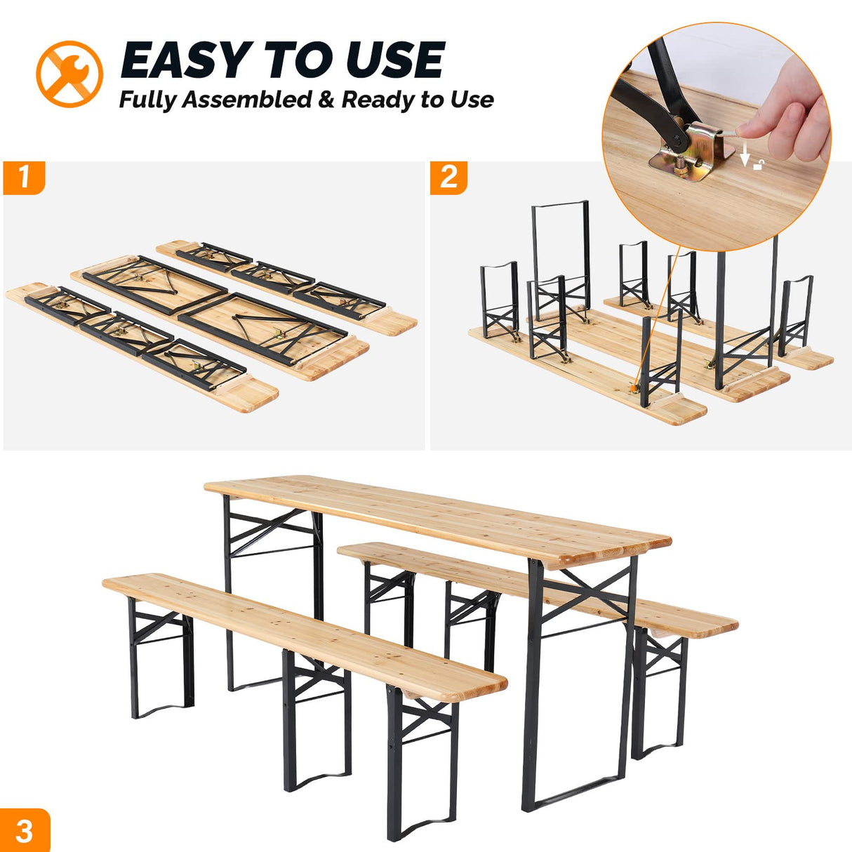 VINGLI Folding Picnic Tables with Benches Set, Weather-Resistant Wooden Beer Garden Table Bench, 3-Piece Portable Fold Up Camping BBQ Table w/Carrying Handles VINGLI