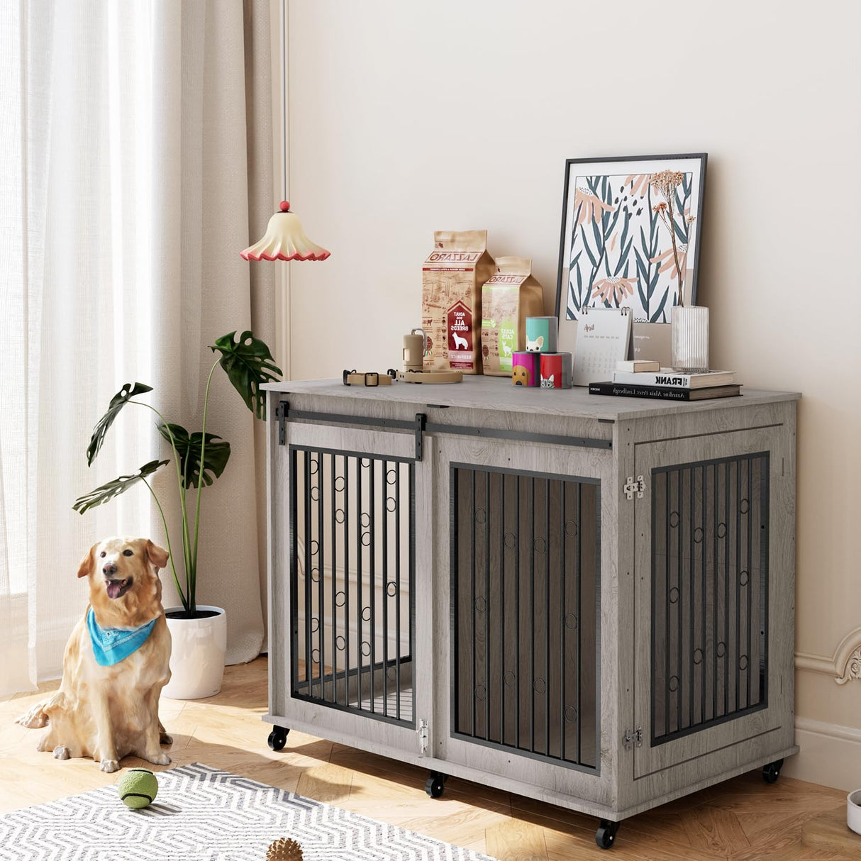 IchbinGo Large Dog Crate Furniture, 47" Wooden Dog Kennel with Sliding Barn Door, Flip-Top Lid & Wheels, Indoor Pet Crate Table with Detachable Divider for Small/Medium/Large Dogs (Rustic Grey) IchbinGo