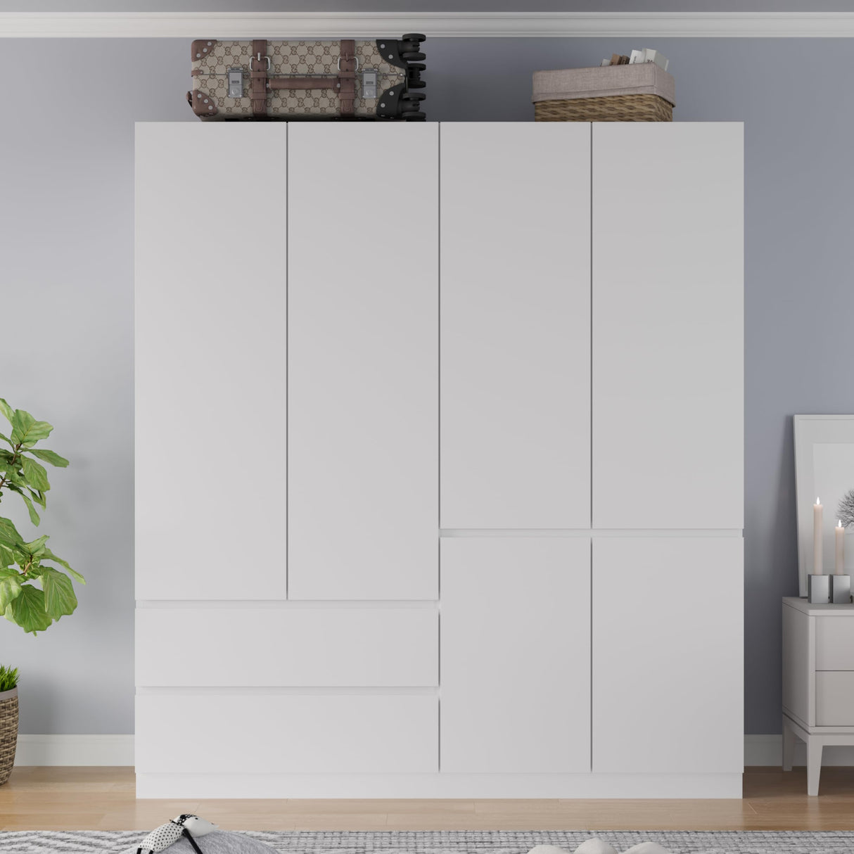 Mekminop Armoire Wardrobe Closet with Doors and Drawers, 4 Door 2 Drawers White Bedroom Armoires Wooden Wardrobe Storage Cabinet 20.39" D x 63" W x 78.74" H Mekminop