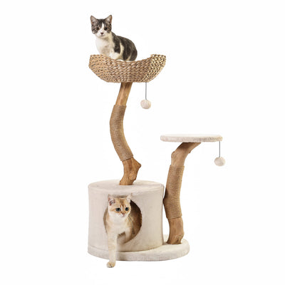 KONELCARE Modern Cat Tree for Indoor Small Cats - Real Wood Cat Tower with Scratch Post, Hiding Enclosure - Unique, Boho,White