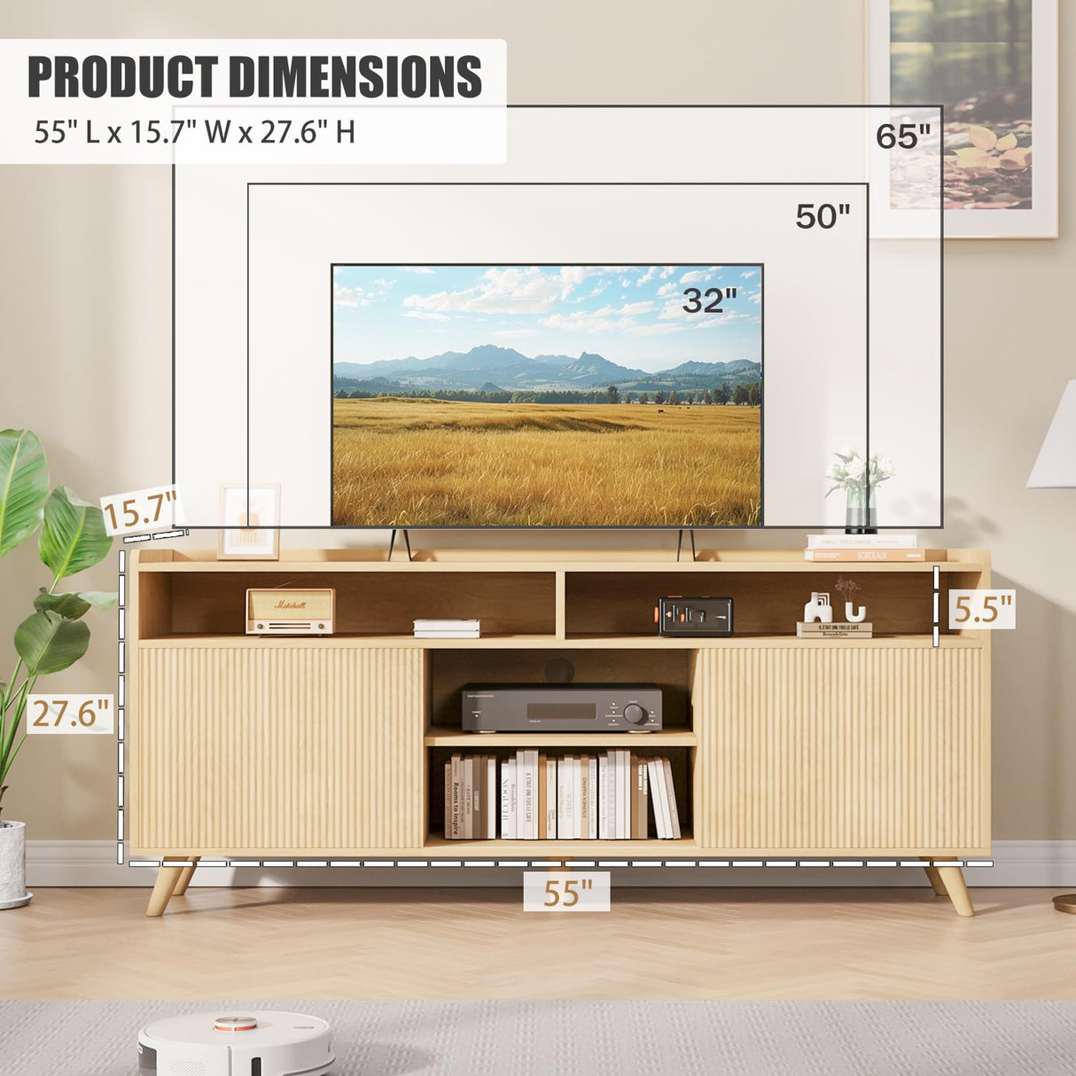 Jocoevol Fluted TV Stand for 65 Inch Boho Entertainment Center With Storage, Wood Media Console Cabinet With Shelves and Doors, Living Room Furniture for Bedroom, Natural Oak Jocoevol