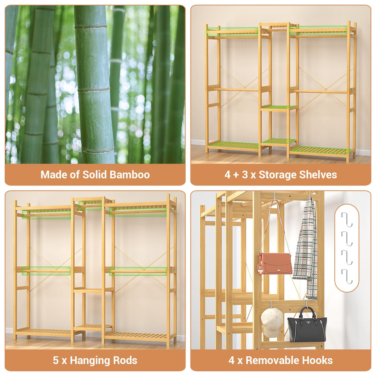 Homykic Bamboo Closet System Clothes Rack, Large Freestanding Garment Rack Clothing Rack for Hanging Clothes with 7 Storage Shelves and 5 Rods, Open Wardrobe Organizer with 4 Hooks, Natural Homykic