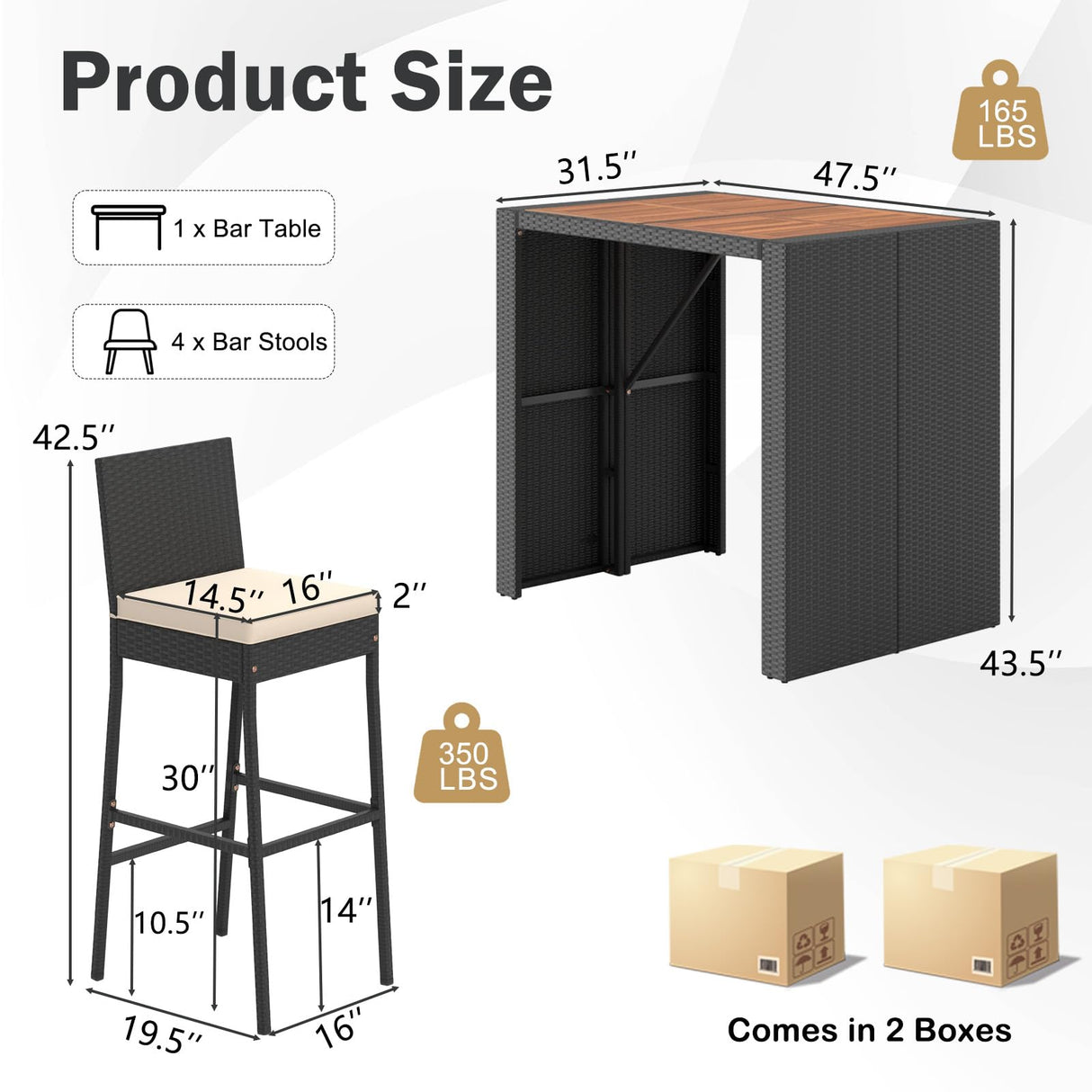 RELAX4LIFE 5-Piece Outdoor Bar Set - Wicker Rattan Bar Height Dining Table w/Acacia Wood Top & 4 Bar Stools Chairs w/Seat Cushions, Backrest, Footrest, Outside Patio Bistro Set for Backyard (47.5'') RELAX4LIFE