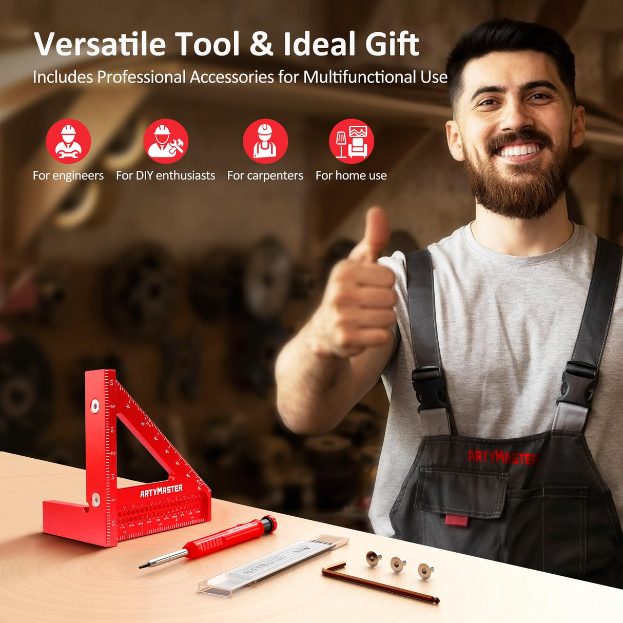 3.8"Mini 3D Multi-Angle Measuring Square Ruler, WT102A High Precision Hole Scribing Woodworking Tools, 0-90° Aluminum Alloy Carpenter Square Wood Working Tools, Carpenter Pencils 6 Refills. ArtyMaster