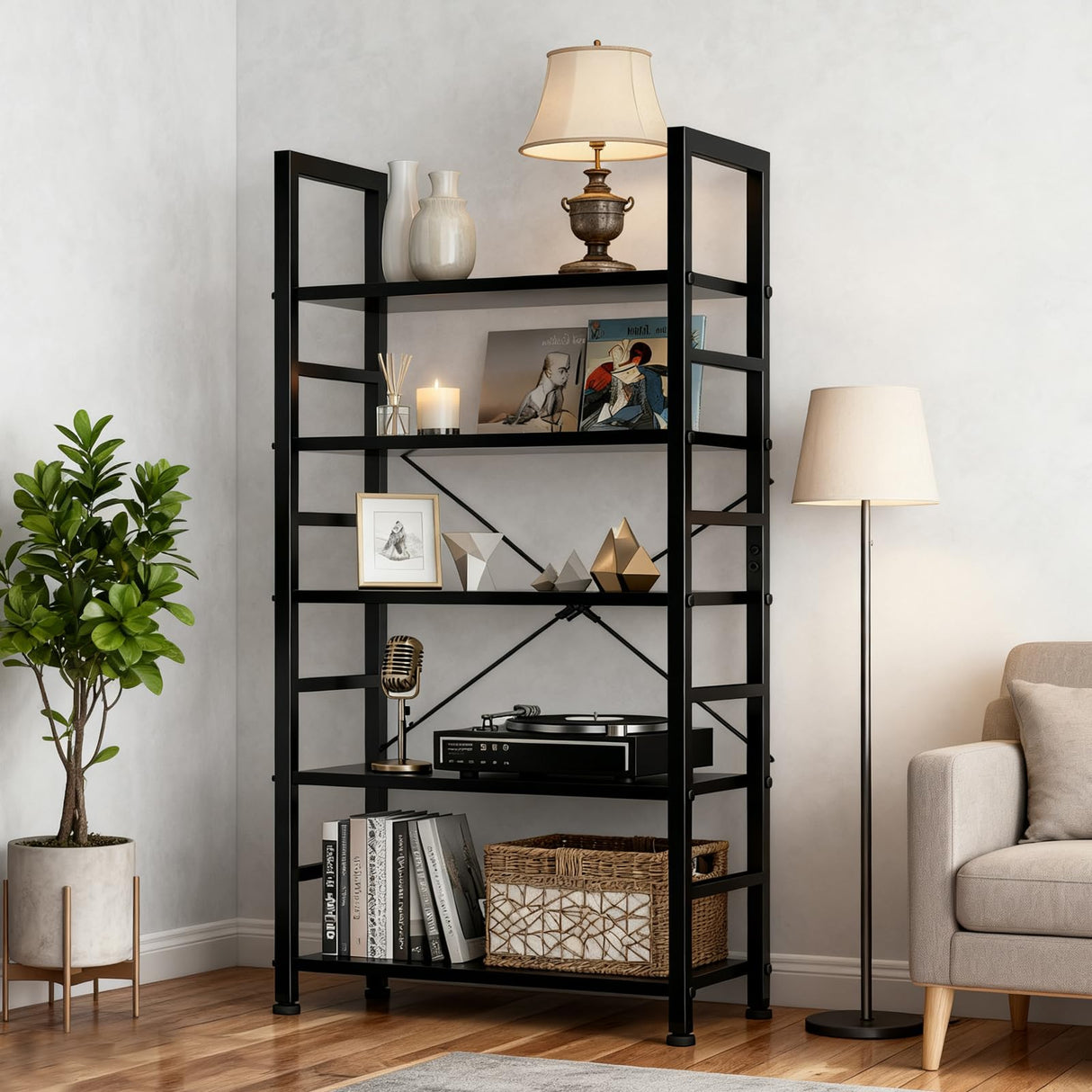 SageNest 5-Tier Bookshelf, Free Standing Wooden Bookcase with Open Storage Shelves with Metal Frame, Sturdy Shelf Organization Display Rack for Living Room, Bedroom, Home Office, 62.2" Tall, Black SageNest