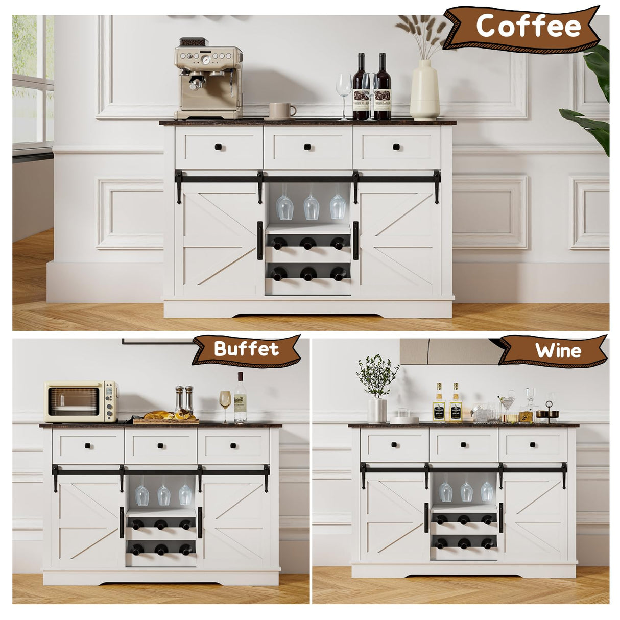 Kmax Farmhouse Wine Bar Cabinet w, 54” Buffet Cabinet with Storage, Rustic White Coffee Bar Cabinet with Sliding Barn Doors, Wine/Glass Rack & 3 Drawers for Living, Dining Room, Black Top Kmax