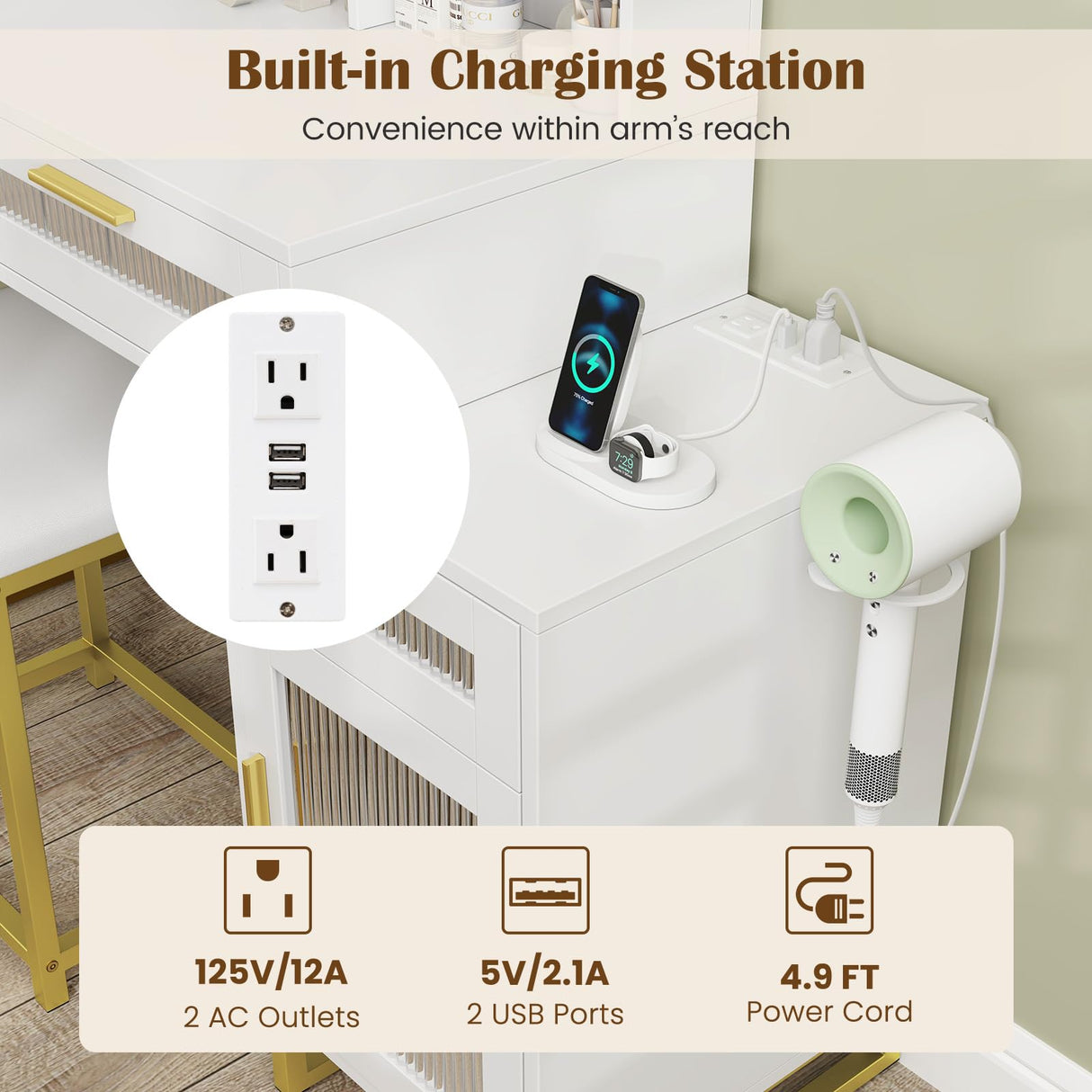 CHARMAID Vanity Desk with Mirror and Lights, White Makeup Vanity Desk with Jewelry Organizer, 4 Drawers, Side Cabinet, Charging Station, 44" Modern Vanity Dressing Table with Stool for Bedroom CHARMAID
