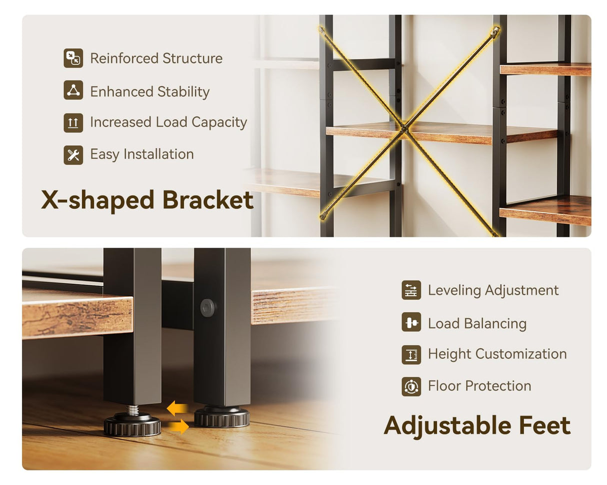 Casaottima Triple 5 Tier Bookshelf, Large Bookcase with 14 Open Display Shelves, Modern Industrial Book Shelves Book Case for Bedroom, Wide Standing Shelving Unit for Living Room Home Office, Vintage Casaottima