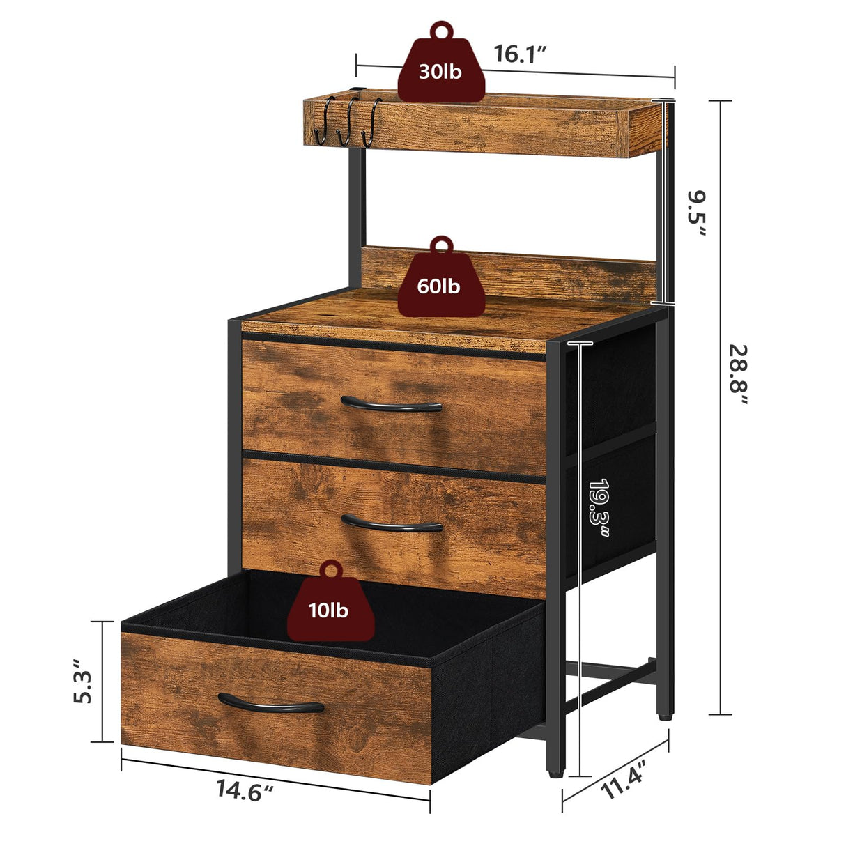 MAHANCRIS Night Stand, Nightstand with 3 Fabric Storage Drawers, Bedside Table with Storage Shelf, Bed Side Table for Bedroom, Living Room, Rustic Brown ETHR11601 MAHANCRIS