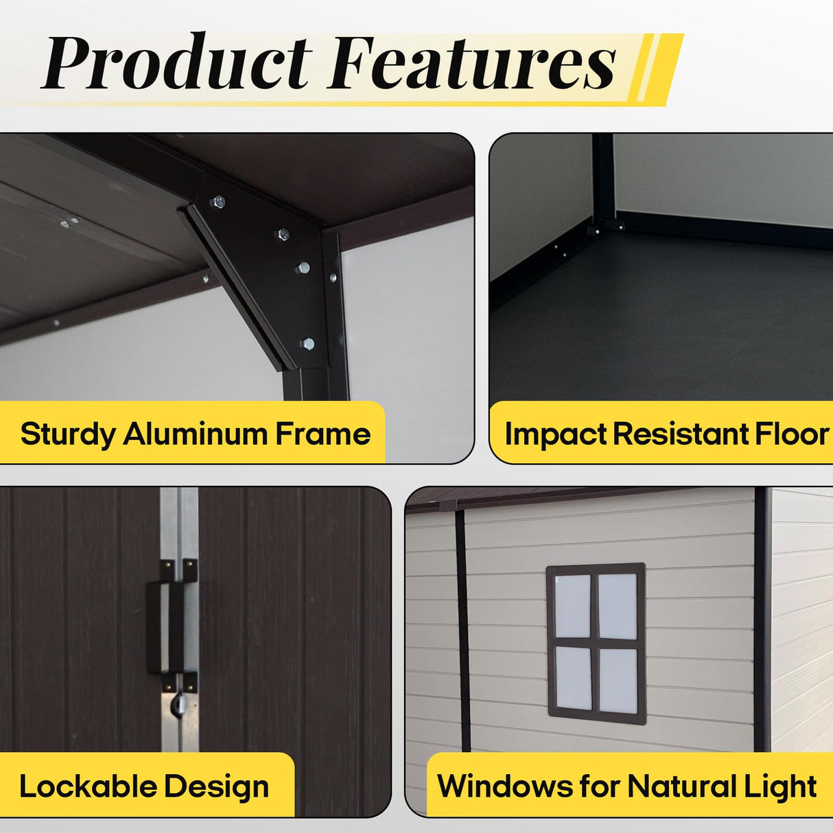 FammyLoft 8x14 FT Resin Storage Sheds Outdoor with Floor Included, Plastic Sheds & Outdoor Storage Clearance with 2 Windows and Lockable Door, Backyard Storage Sheds for Garden Tools, Brown+White FammyLoft