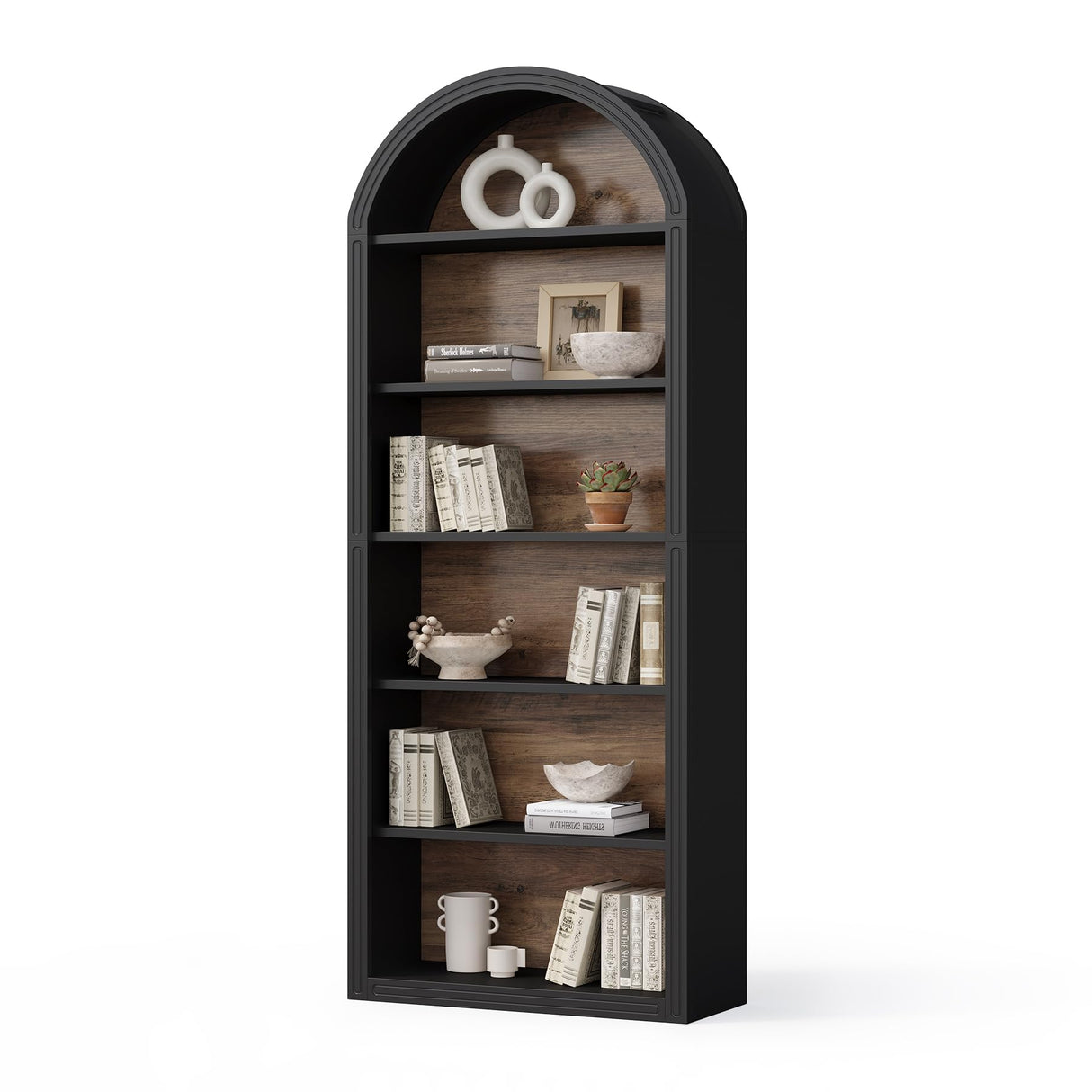 LITTLE TREE 6-Tier Bookcase, 77" Tall Bookshelf with Arched Top, Large Freestanding Wooden Open Bookcase Bookshelf, Modern Display Book Shelf for Living Room, Bedroom, Office, Library, Black Brown LITTLE TREE