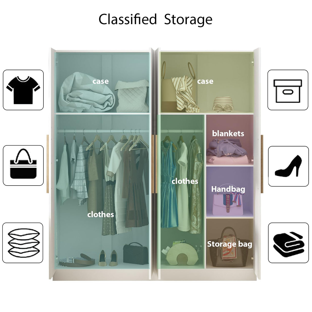 AIEGLE Wardrobe Armoire Closet with 4 Door, Large Freestanding Armoire Wardrobe Cabinet with Shelves & 3 Hanging Rods, Bedroom Wood Clothes Storage Cabinet Organizer, White 63" W AIEGLE