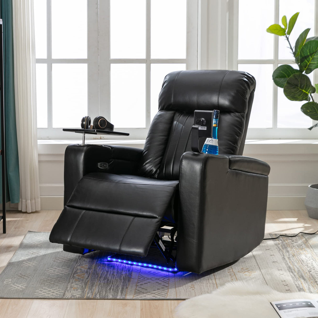 Electric Recliner Chair with USB Charge Port, 360 Swivel Tray Table, Hand in-Arm Storage,2 Cup Holders, Ambient Lighting and Metal Cell Phone Stand- Gaming Recliner Chair Home Theater Seating (Black) Merax