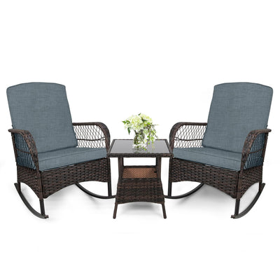 LEVELEVE 3 pcs Rocking Bistro Set Conversation Chairs PE Wicker Outdoor Rocking Chairs (Grey)