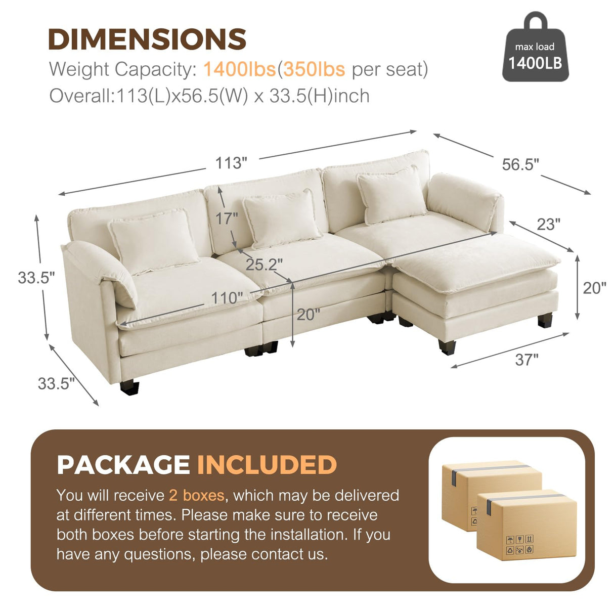ELUCHANG 113" L Shaped Modular Sectional Sofa, Comfy Cloud Couch, Deep Seat Sofa Couches for Living Room, 4-Seater Modern Sofa with Movable Ottoman for Apartment, DIY Combination,Chenille Cream White ELUCHANG