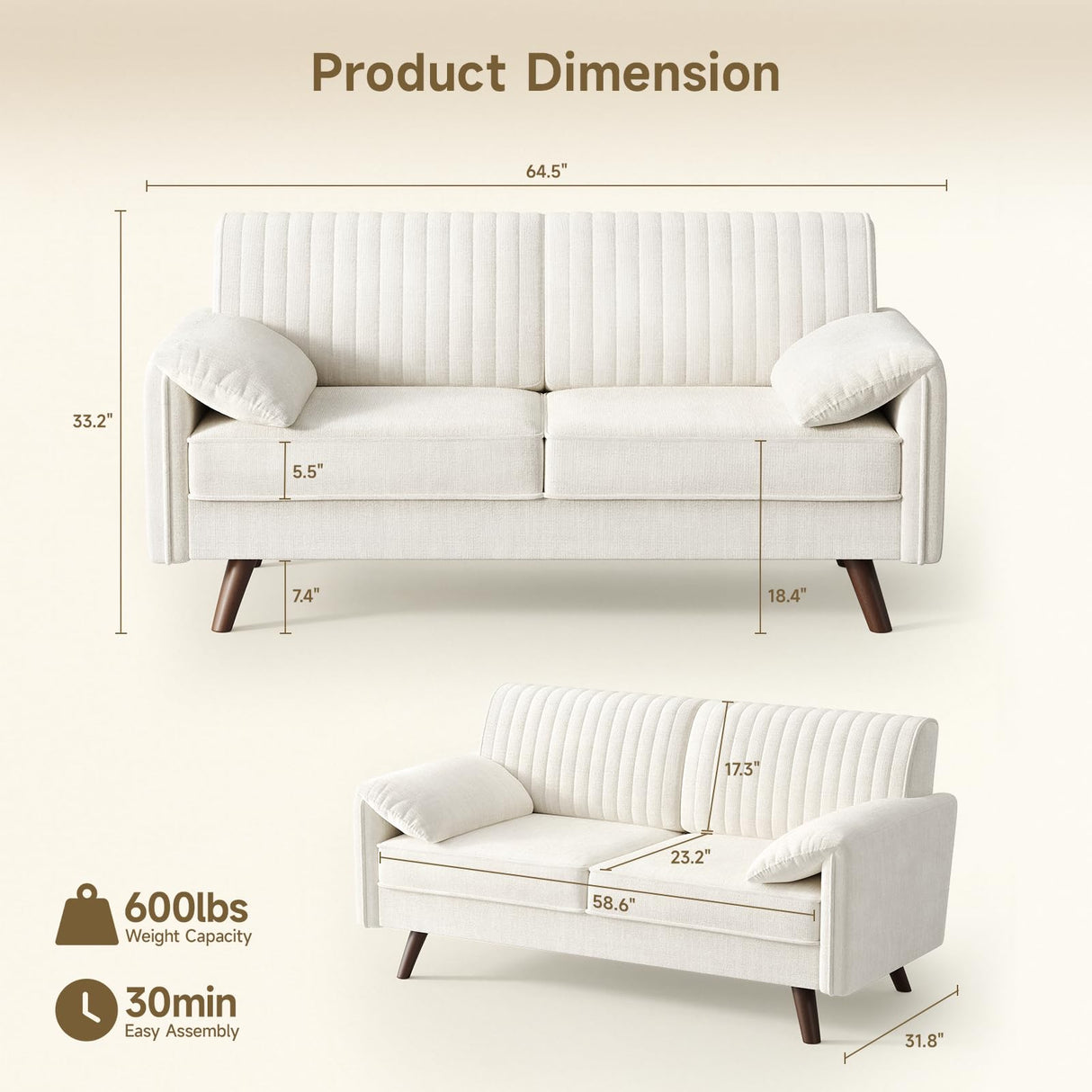 ONBRILL 64.5" Loveseat Sofa, Chenille Loveseat Couch for Living Room, 23.2" Deep Seat Love Seat with Padded Arms, Comfy Modern Small Couches for Bedroom, Small Spaces, Dorms, Office, Beige ONBRILL