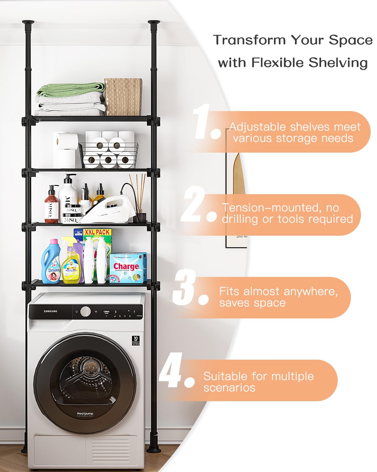 ALLZONE Adjustable Over The Toilet Storage Shelf, 4-Tier Ample Over Toilet Bathroom Organizer and Storage,Tension Mounted Above Toilet Storage Cabinet for Versatility, Fits 64-113 Inch Heights, Black ALLZONE