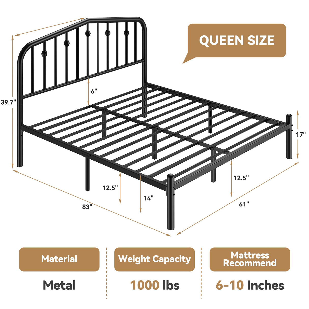 Susalt 14 Inch Queen Bed Frame, Sturdy Rustic Metal Bed Frame Queen Size, Queen Bed Frame with Headboard and 12.5" Under Bed Space, Curved Corner/No Noise/Easy Assembly/No Box Spring Needed, Black Susalt