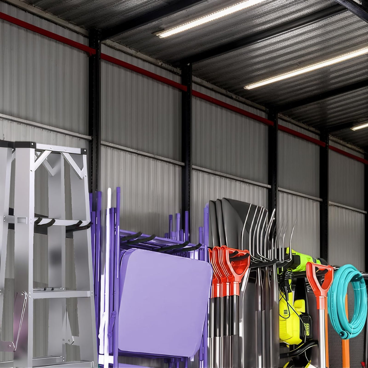 Garage Tool Organizer Wall Mount, 2Pack Folding Chair Storage Rack, Heavy Duty Garden Tool Holder for Hanging Shovel Rake Broom Ladder SAMRELAX