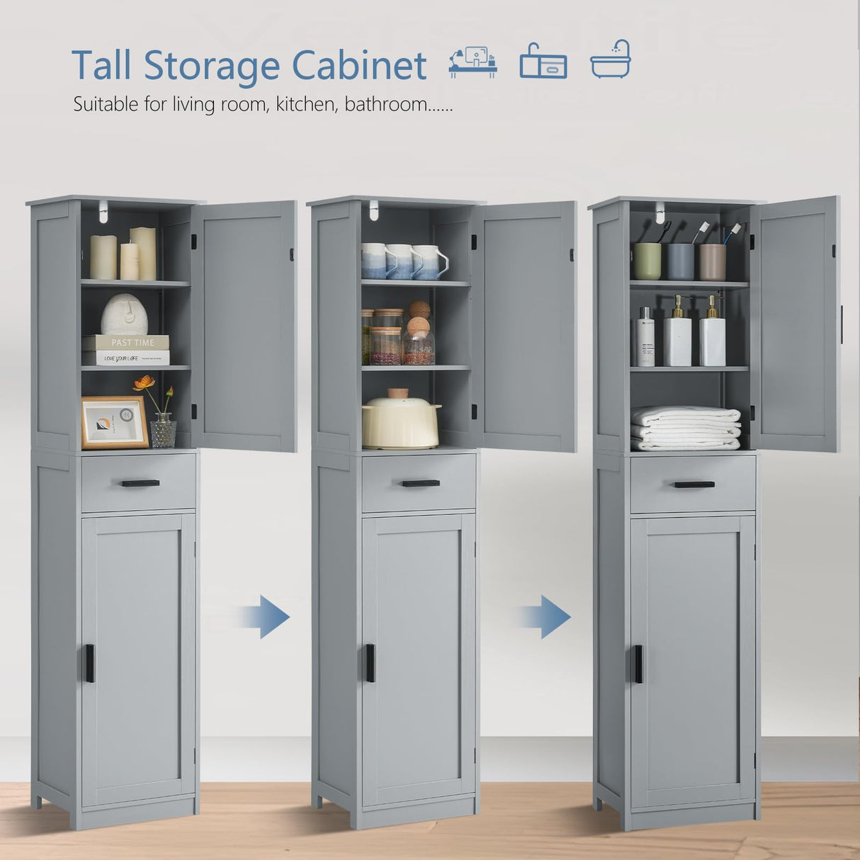 usikey 67“ Tall Bathroom Cabinet, Storage Cabinet with 4 Shelves & 2 Doors, Narrow Storage Cabinet for Bathroom, Living Room, Home Office, Grey usikey