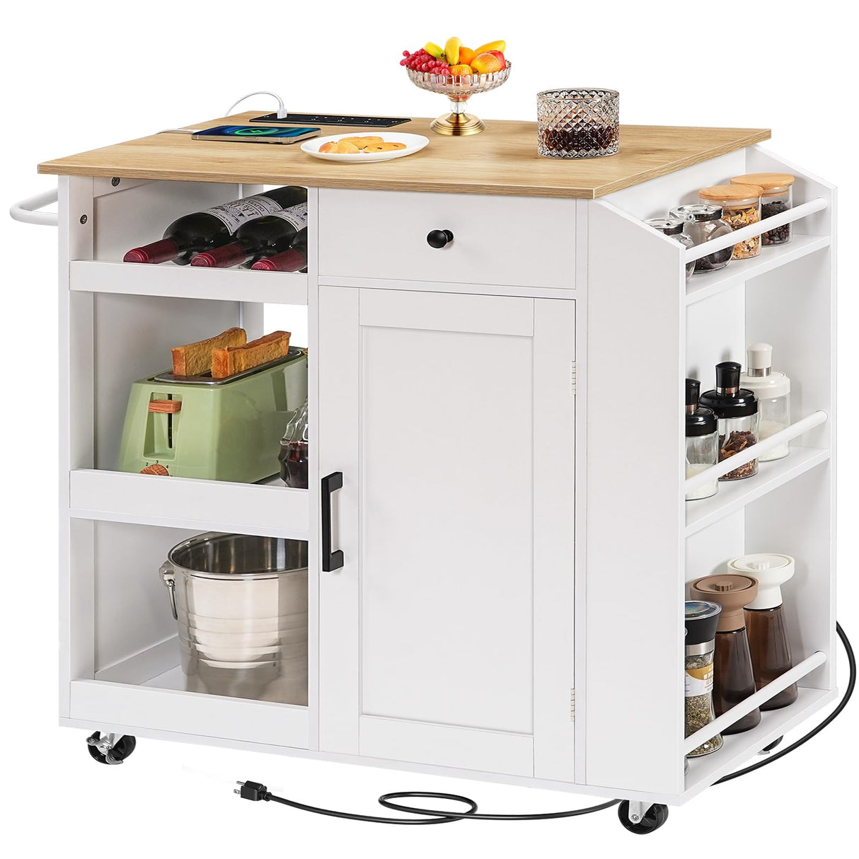 MAHANCRIS Kitchen Island with Power Outlet, Kitchen Storage Island with Drawer, Spice Rack, Towel Rack, Wine Rack, Rolling Kitchen Cart on Wheels, for Dining Room, White and Natural KINW122E01N1 MAHANCRIS