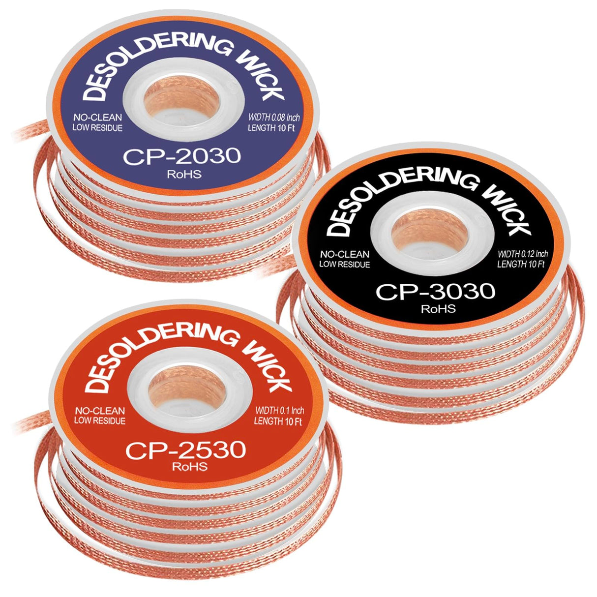 JoTownCand 3 Pcs Premium Desoldering Wick Set, 10FT No Clean Low Residue Solder Wick Braid (0.08, 0.1, 0.12IN) – Effortlessly Remove Solder and Disassemble Electronics JoTownCand
