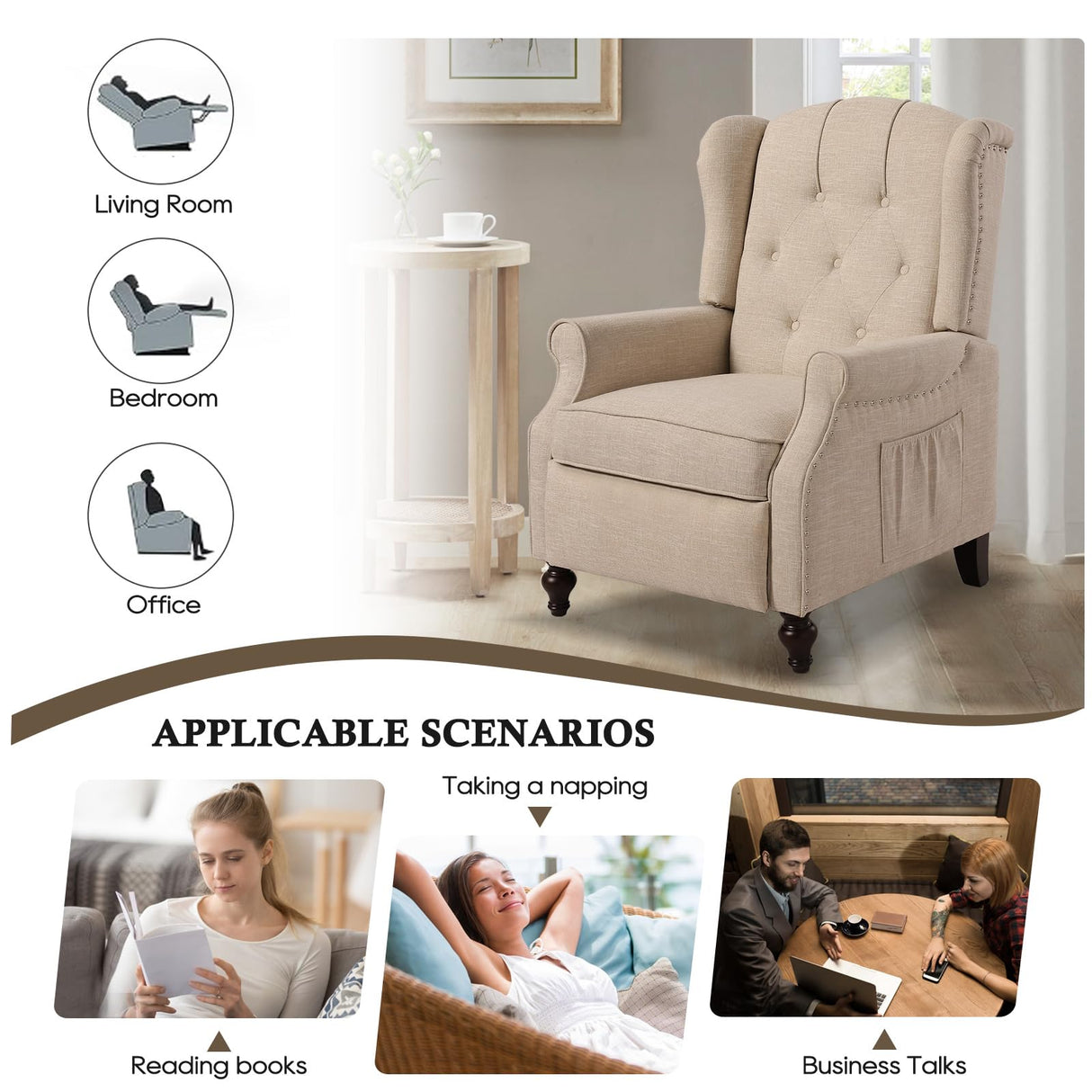 PALLOME Wingback Recliner Chair with Massage and Heat Tufted Fabric Push Back Arm Chair, Recliner Chair for Living Room Bedroom Home Theater (2,Beige) PALLOME