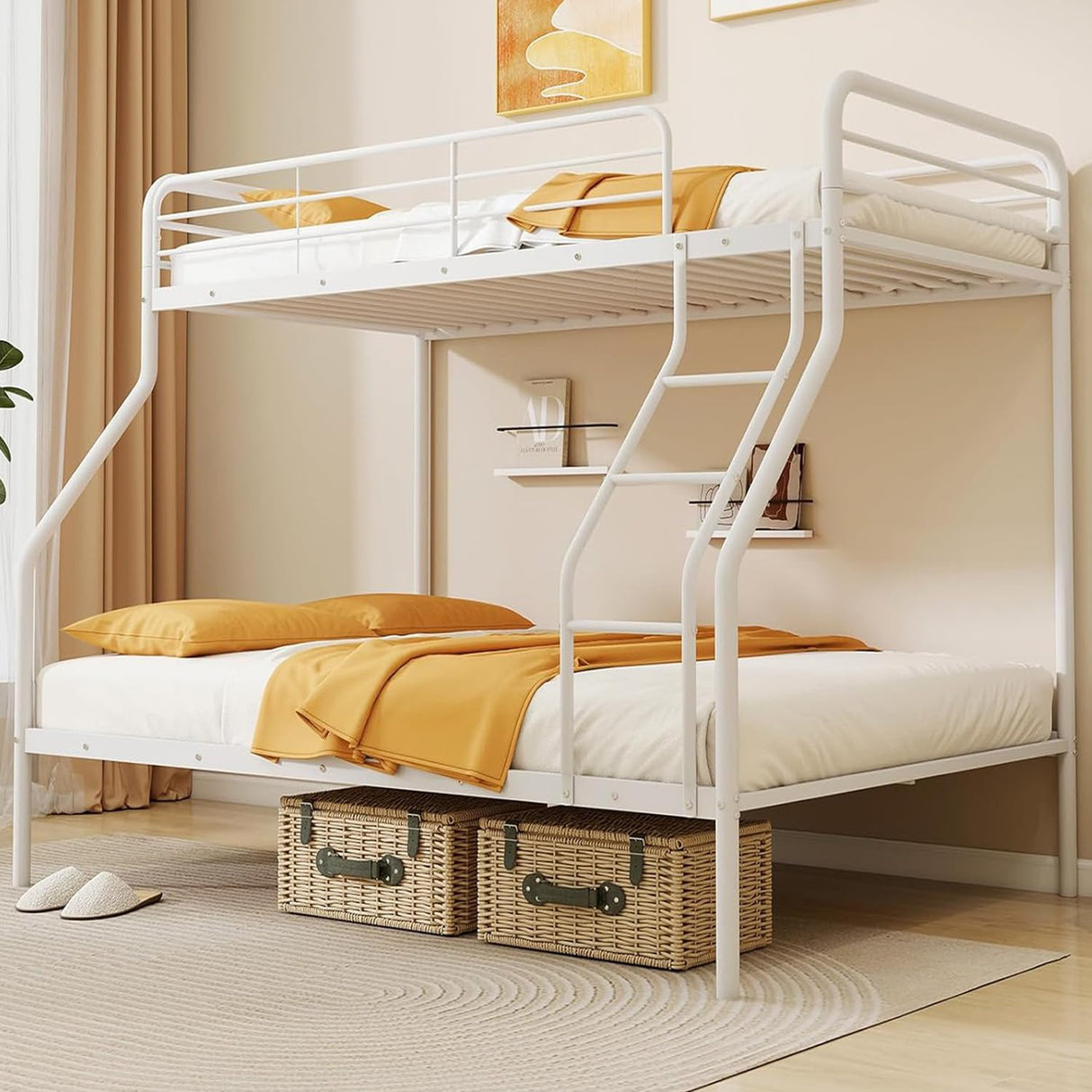 Giantex Metal Bunk Beds Twin Over Full Size, Heavy Duty Bunk Bed for Teens Adults with Ladder & Guardrails, Space Saving Metal Bunk Bed for Dorm, Bedroom, Apartment, No Box Spring Needed (White) Giantex