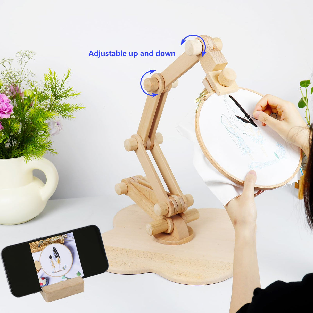 SolidGnik Large Embroidery Stand,Adjustable Embroidery Hoop Holder,Rotated Cross Stitch Stand,Wood Embroidery Hoop Holder SolidGnik