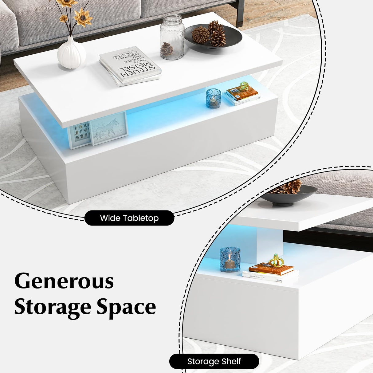 Giantex Modern LED Coffee Table - 2-Tier High Gloss Table w/Adjustable 20-Color Light, 8-Level Brightness & Speed, Remote Control, Contemporary 43.5”L Rectangular Center Table for Living Room (White) Giantex