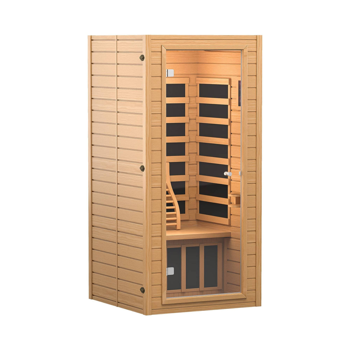 springspa Far Infrared Sauna 1 Person Indoor Sauna Spa Room, Canadian Hemlock Wooden Infrared Saunas for Home with Low Emf Lighting, Bluetooth Speakers, LCD Control Panel, 9 Chromotherapy springspa