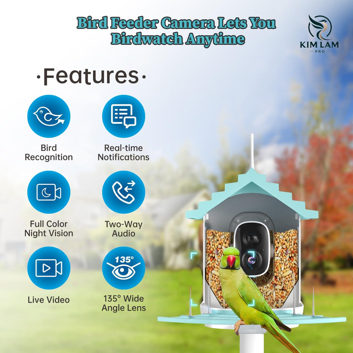 Smart Bird Feeder with Camera - Night Vision 1.5L Bird Feeder Camera with Solar Power -AI 1080p HD Identify 10000+ Birds Species Wifi 2.4 GHz Auto Capture Bird and IOS/Andriod Supported KimLamPro