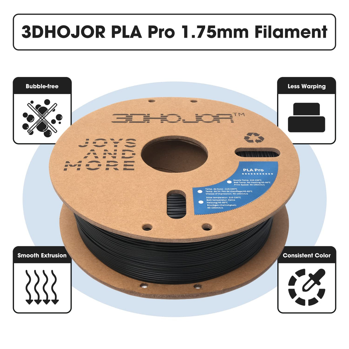 3DHoJor PLA Pro Filament 1.75mm (PLA+ Filament), 1kg 3D Printer PLA Filament, 3D Printing Filament, Cardboard Spool, Dimensional Accuracy +/- 0.03 mm, Fit Most FDM 3D Printer-Black 3DHoJor