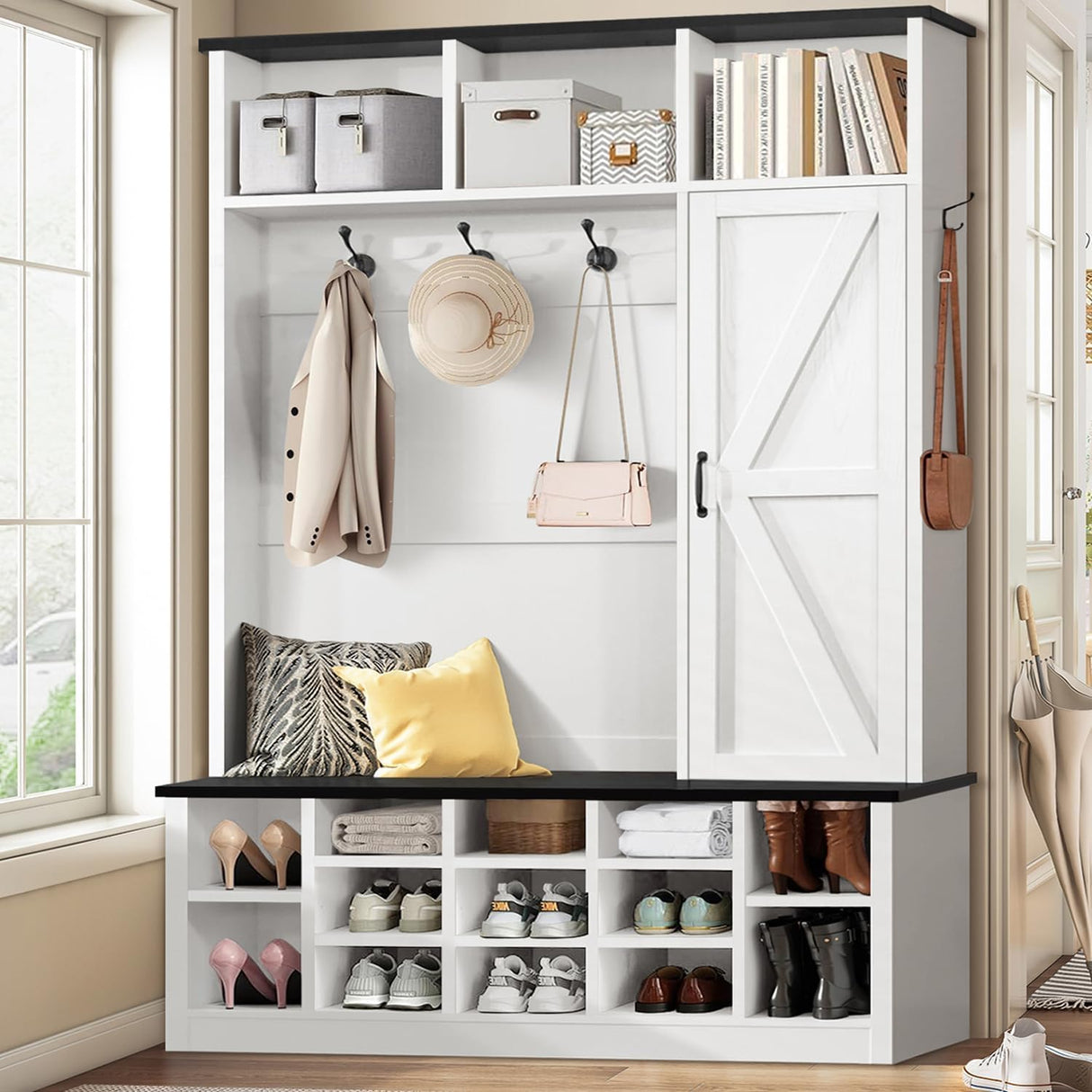Farmhouse Mudroom Hall Tree with Shoe Storage, 79 Inch Hall Tree with Bench for Entryway, White Entryway Bench with Coat Rack and Barn Door, Adjustable Shoe Cubbies and 3-Tier Cabinet, white 4ever2buy